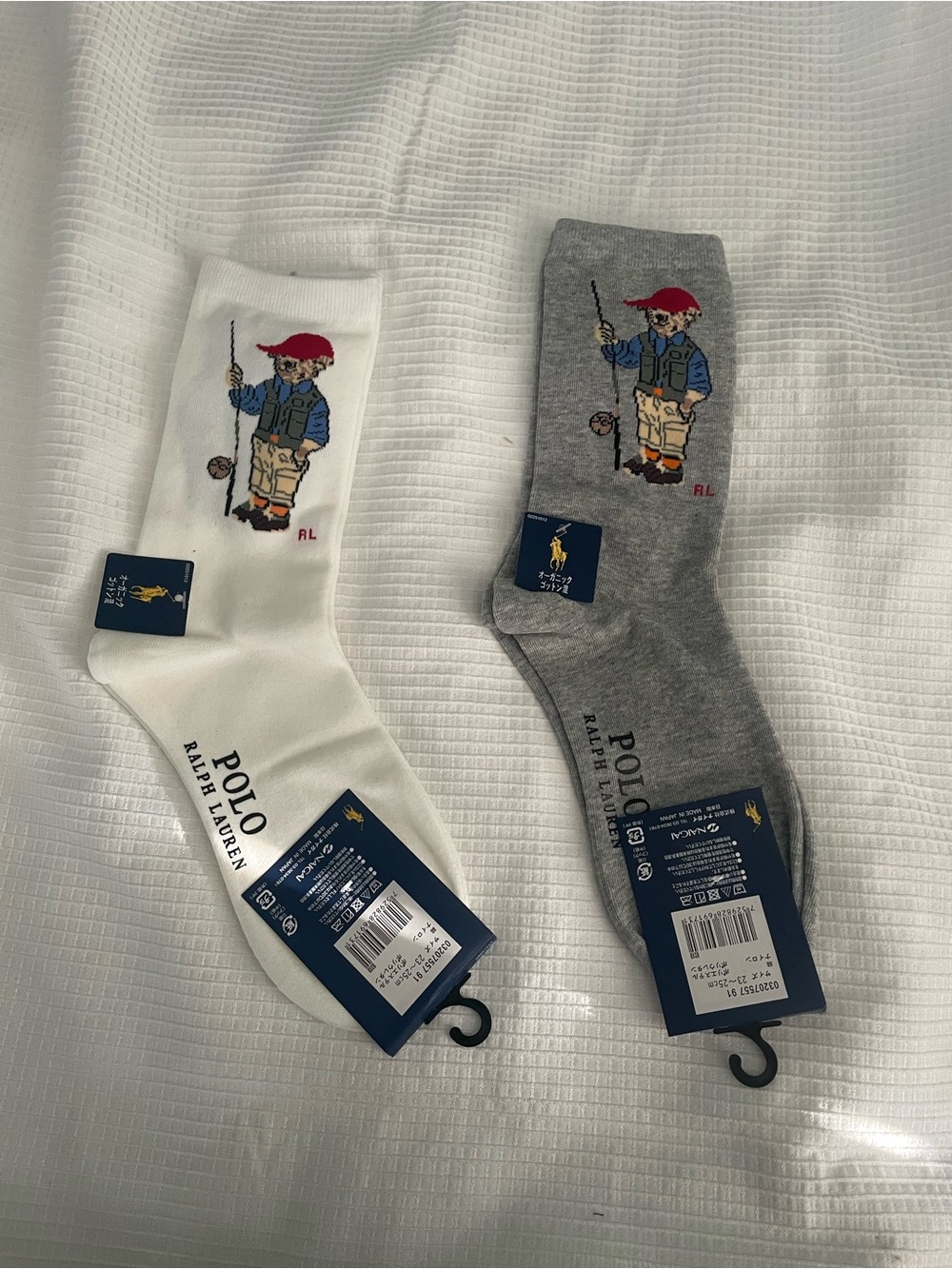 Ralph Lauren Crew Socks in White and Gray with Fisherman Motif